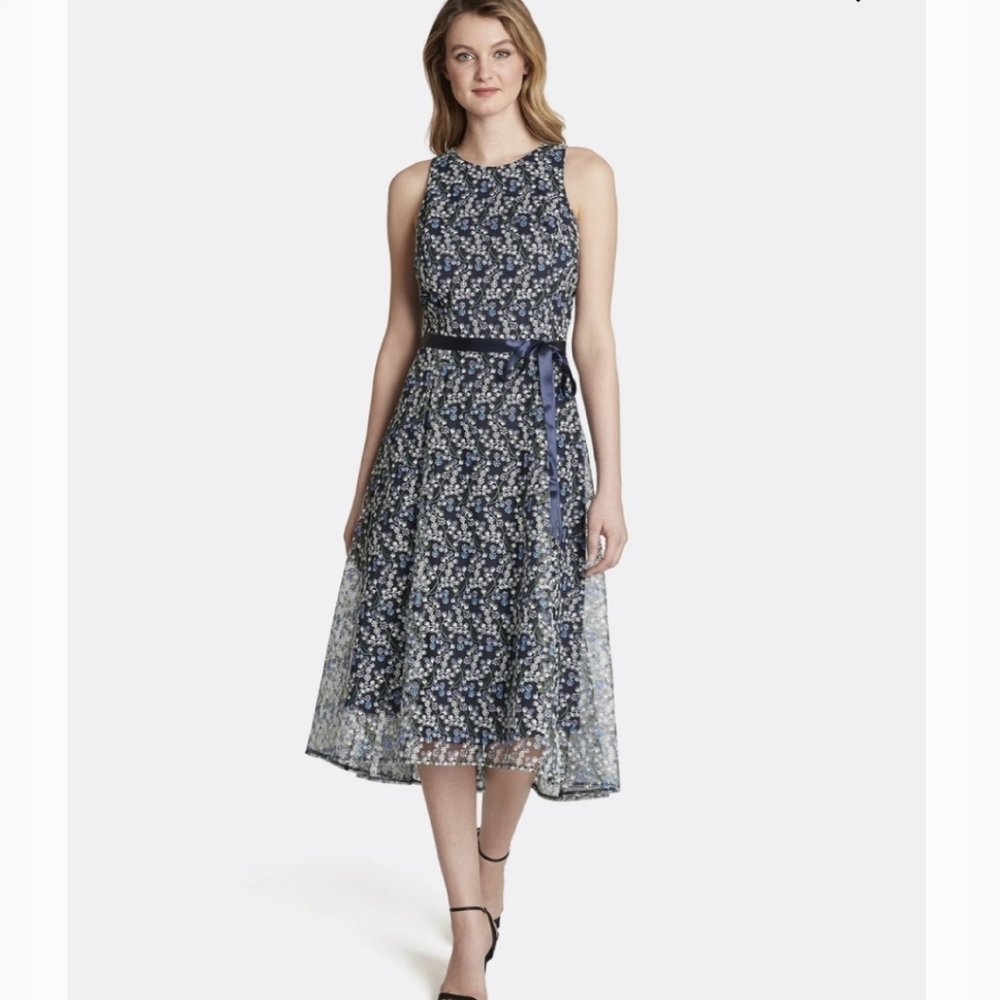 Floral Embroidered Ribbon Tie Midi Dress
